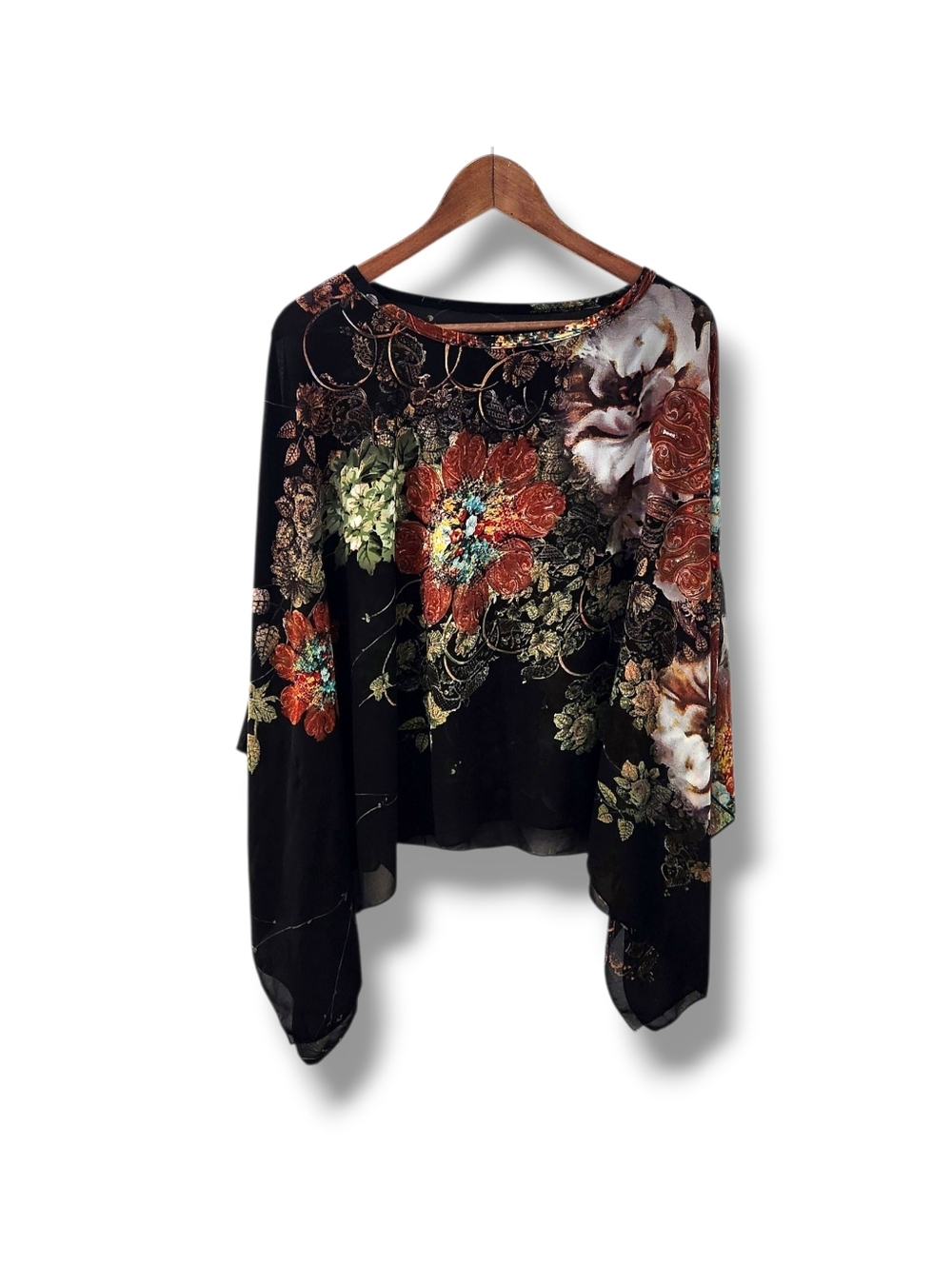 Max Hsuan Lagenlook Vtg Boho Floral Batwing Chiffon Caftan Sheer Blouse | OS